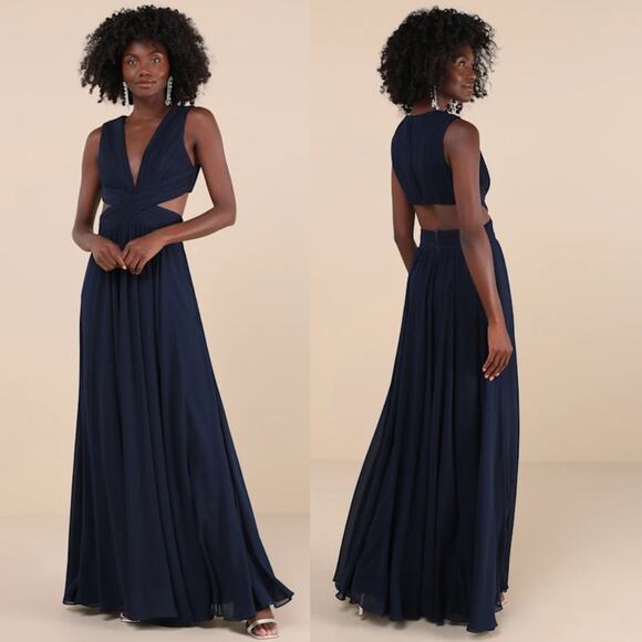Lulus Sz L Vivid Imagination Navy Blue Cutout Maxi Dress Bridesmaid Prom NWOT - Picture 1 of 4